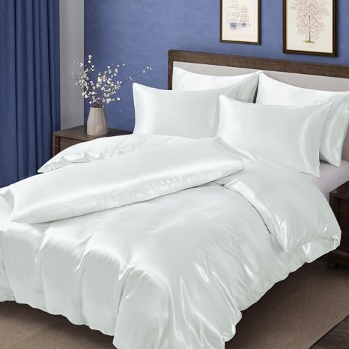MILVOWOC Satin Duvet Cover Set, White, Full/Queen Size, 6 Pcs