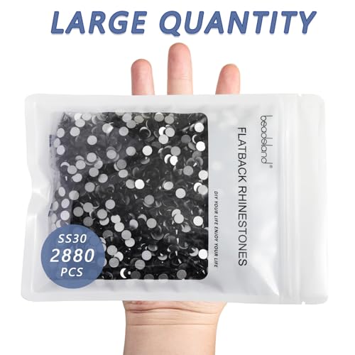 Image of Beadsland Flat Back Crystal Rhinestones Bulk, Jet Black, SS30, 2880pcs | Flatback Glass Gems for Nails Crafts Clothes DIY Decoration, Glue Fix, 6.3-6.5mm