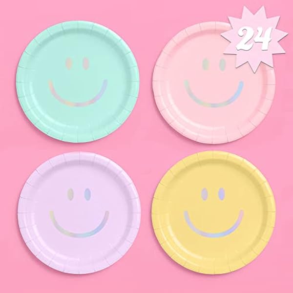 xo, Fetti Smiley papieren borden - 24 pk, 9 inch | Happy Pastel Verjaardagsfeestje Decoraties, Schattig vrijgezellenfeest, Koele taartborden