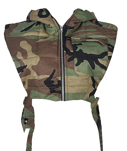 xxxiticat Women's Denim Puffer Vest Top Sleeveless Hooded Camo Print Side Lace Up Hollow Out Quilted Waistcoat Jacket