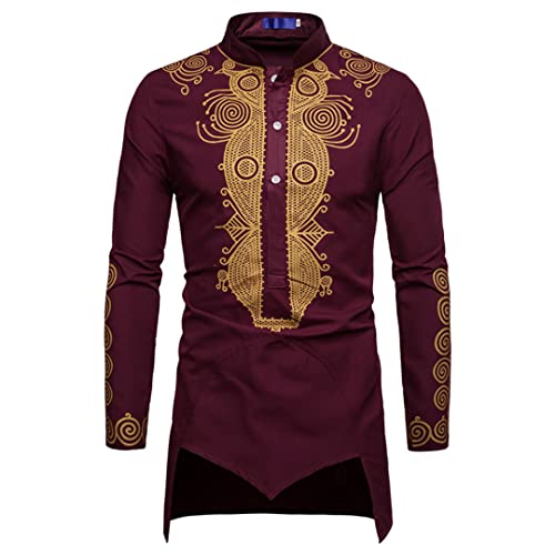 Fashion Muslim Shirt Men Saudi Style Arabian Robe Casual Loose Fit Thobe Abaya Robe Arab Kaftan Dress Long Sleeve Outfit Shirts Wine Red L
