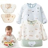 Qibivfo Baby Lätzchen Set 4er, 2 Lätzchen mit Ärmeln & 2 Blumenförmige Sabberlätzchen, Wasserdicht, Schnelltrocknend, Maschinenwaschbar, Baby Lätzchen Jungen Mädchen 6–24 Monate