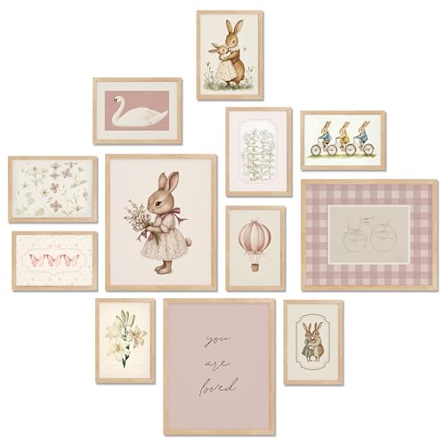 Image of TwoDays Vintage Nursery Decor for Baby Girls, Pink Rabbit Bunny Wall Art for Toddler Kids Playroom, Swan Animals Posters for Bedroom (Multi Sizes, Set of 12, 8 × 10 Largest, UNFRAMED)