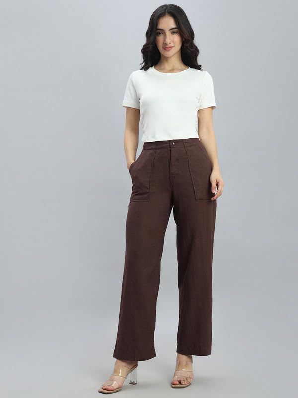 Image of GO COLORS Solid Linen Cargo Pants for Women | Full Length, Mid Rise, Side Pockets