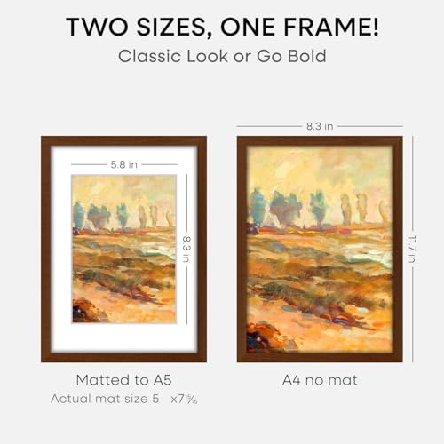 Image of Homeforia A4 Picture Frame Brown Wood, High-End Dark Oak 8.3 x 11.7 Poster Walnut Frames Matted to 5.8 by 8.3 inch Photo, A4 Size Wooden Frame with Mat for A5 Print, Tempered Glass, Wall Kit, Set of 2
