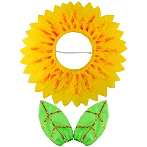 Dingion Funny Sunflower Halloween Costume Yellow Flower Headgear with 2 Pieces Green Gloves for Halloween Sun Cosplay(22.8 Inches)
