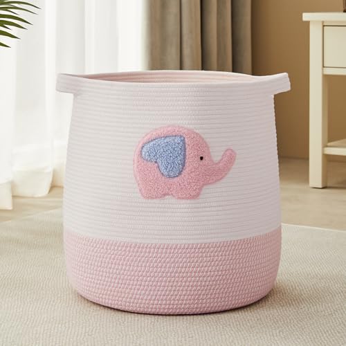 Image of MOJOSCEND Large Baby Laundry Basket, Pink Laundry Hamper for Kids Girls, Toy Blanket Storage Basket for Girls Room Bedroom, Cotton Rope Baskets for Organizing 16" W x 17.7" H