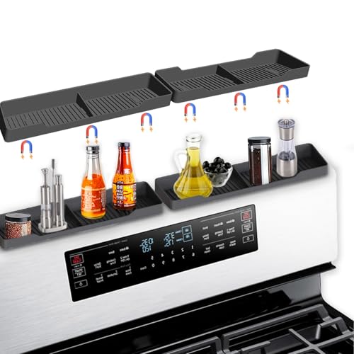 BoBoWalk 30 Inch Magnetic Silicone Stove Top Shelf, Heat Resistant Spice Rack for Kitchen, Space Saving Organizer with 6 Sticky Pads, Fits Back of Stove（Black 30''x3.8''）