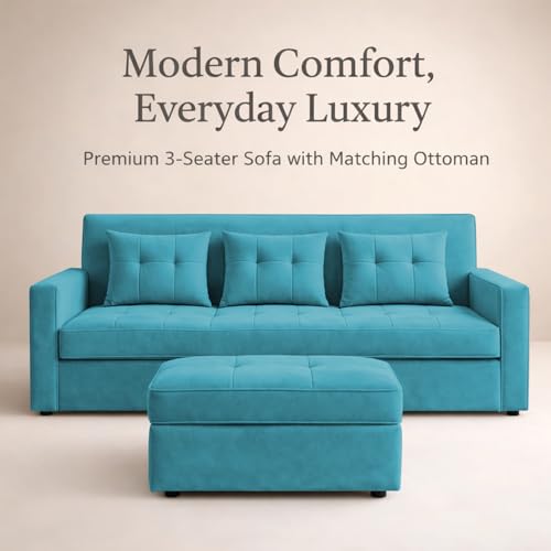 Image of Emilio 3 Seater with Ottomon Pull-Out Sofa Cum Bed (Turquise Color) Premium Fabric Sofa Set for Living Room | Bedroom