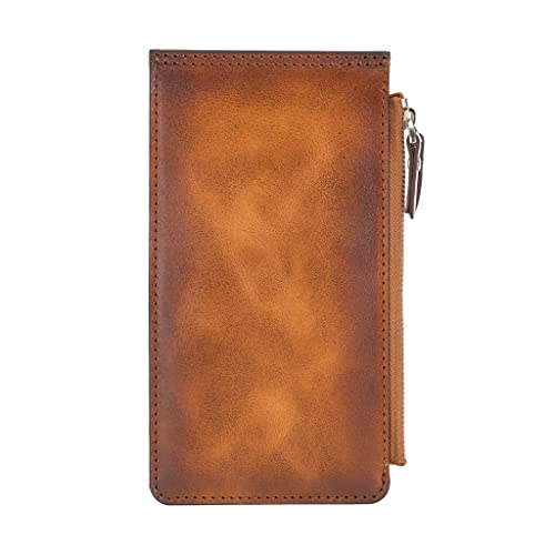 Full Grain Leather Wallet Handmade V Wallet for Men/Women with Zipper Closure, Clear ID Window and Card Holders (Russet)