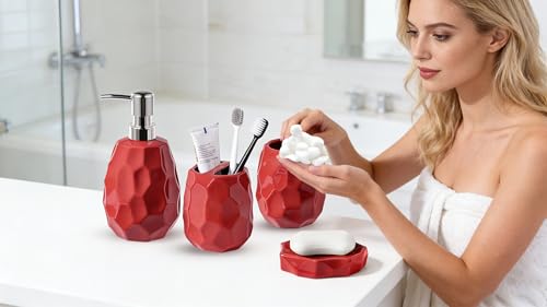 Ceramic Bathroom Accessories Set 4 PCS,Bathroom Toothbrush Holder Set,Soap and Toothbrush Holder Set,Include Toothbrush Holder,Soap Dispenser,Tumbler,Soap Dish,Bathroom Sets Decor Organizer (Red) — view 2