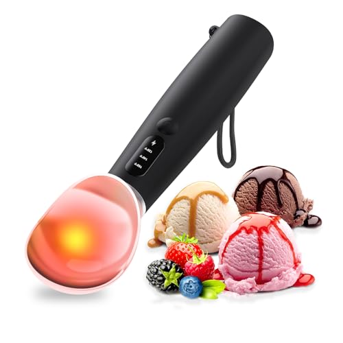 Heated Ice Cream Scoop Rechargeable, IP67 Waterproof Electric Warming Ice Cream Scooper with LED Display, Heats to 70°C for Hard Ice Cream, Easy for Seniors & Kids (Black)