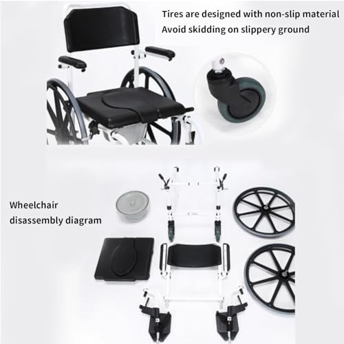 Commode Fotel prysznicowy - 4 w 1, samobieżna, wyściełana deska sedesowa, wózek inwalidzki z regulowanymi podłokietnikami i antypoślizgową konstrukcją bezpieczeństwa dla osób starszych
