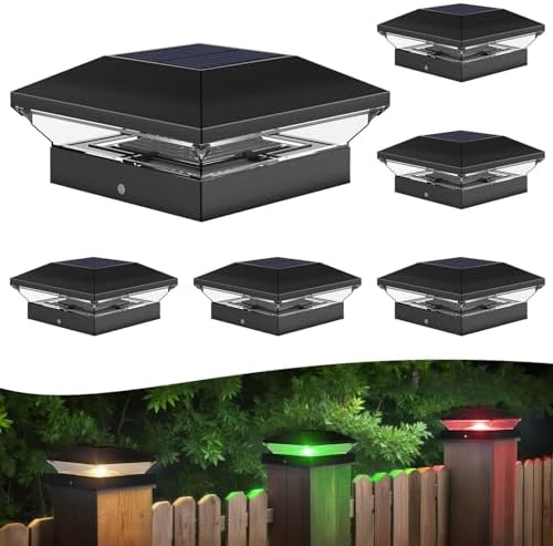 T-SUN Solar Post Cap Lights Outdoor 6 Pack, 2 Modes LED Fence Post Solar Lights Fit for 4x4 5x5 6x6 Vinyl/Wooden Posts, Waterproof Deck Post Lights Solar Powered for Garden Patio Gate Porch