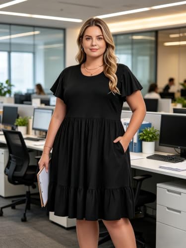 Image of Women's Plus Size Casual Dress Crew Neck Ruffle Floral Short Sleeve Summer Midi Dresses with Pockets