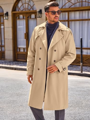 Runcati Mens Trench Coat Double Breasted Long Jacket Casual Windbreaker Notched Lapel Belted Overcoat3