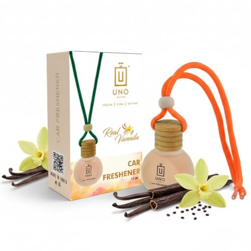 Image of UNO AROMA Vanilla Car Air Freshener, 15ml, Long Lasting Hanging car perfume, Toxin-Free Oil in Glass Bottle with Wooden Diffuser, Car Accessories for fresh aroma, Last Upto-60 Days