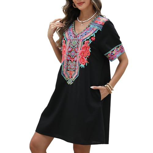 Image of Grosy Fiesta Embroidered Mexican Dress for Women Beach Vacation Plus Size Short Sleeve Summer Boho Dresses with Pocket