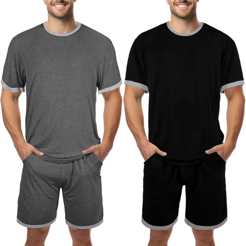 2 Sets Men's Pajamas Short Sleeve Pyjama Modal Sleepwear Shorts with Pockets Nightwear Soft Comfy Pjs Set