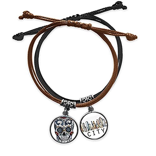 Bracelet crâne Mexique en cuir gris et corde tressée style sidi pour homme