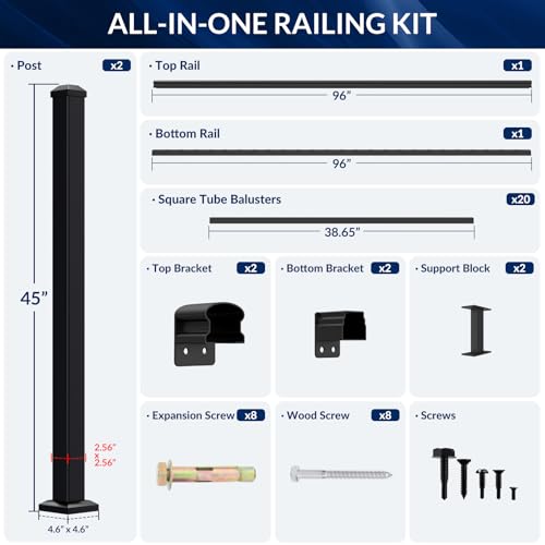 Image of Egadis 36 in. H x 8 ft. W Black Deck Railing Kit with 2 Post, Textured AAMA 2604 Powder-Coat Finish Modular Aluminum Railing System for Outdoor Decks, Porches & Balconies(1 Panel, 2 Post)