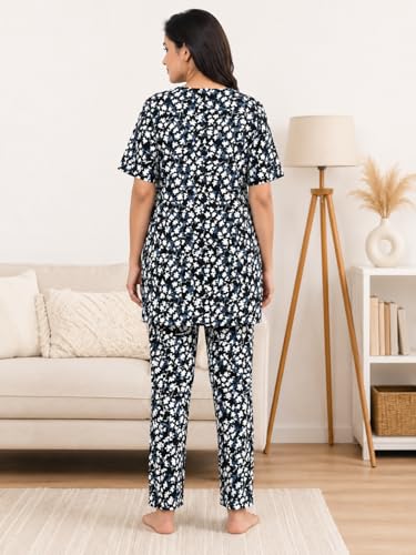 Image of KIAWAH Women Printed Night Suit Set, Cotton Blend Night Suit, A-Line Top and Pajama Set, Soft and Breathable Night Wear