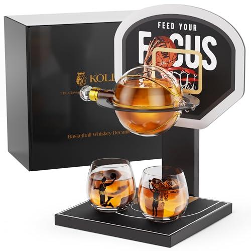 Kollea Basketball Whiskey Decanter Set with Black Court Stand & 2 Glasses Stylish Liquor Decanter Gift for Men Dad Brother Husband Sports Lover - Birthday Anniversary Christmas Retirement Gift