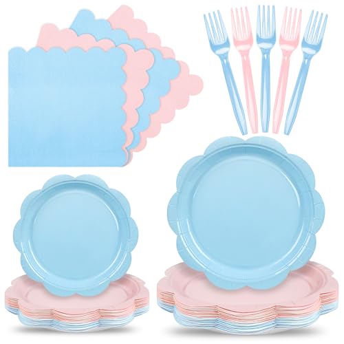 Houuqe 96 Pcs Baby Gender Reveal Plates and Napkins Set Party Supplies Tableware set for 24 Guest include Light Pink and Blue Scalloped Plates Napkins and Forks for Baby Shower Gender Reveal Party