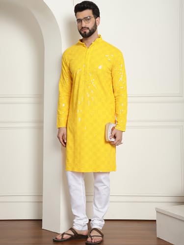 Image of SOJANYA (Since 1958 Men's Cotton Embroidered Sequinned Kurta With white churidar Pyjama