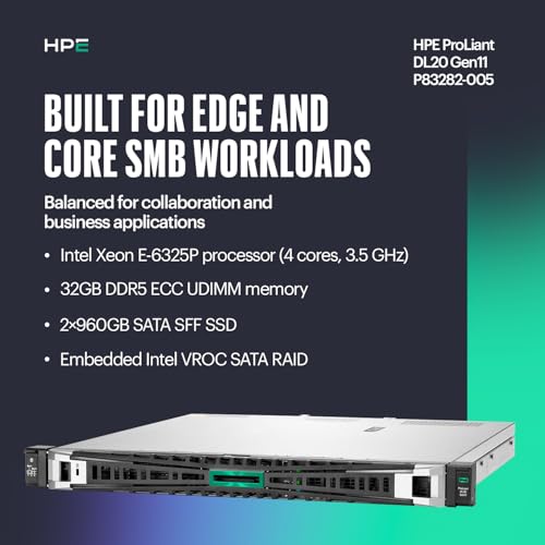 Image of Hewlett Packard Enterprise ProLiant DL20 Gen11 Rack Server w /one Intel Xeon 6325P Processor, 3.5GHz, 4c 1P 1x32GB-U 4SFF 2x960GB SSD 2x500W PS (HPE Smart Choice P83282-005)