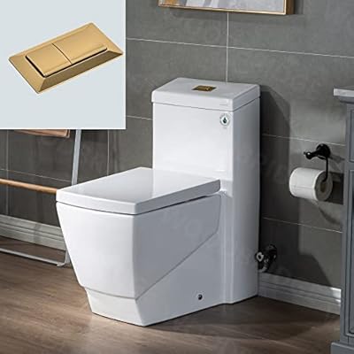 WOODBRIDGE Modern Square Design One Piece Dual Flush 1.28 GP Toilet, Chair Heightwith Soft Closing Seat, Brushed Gold Button B0920-BG, White