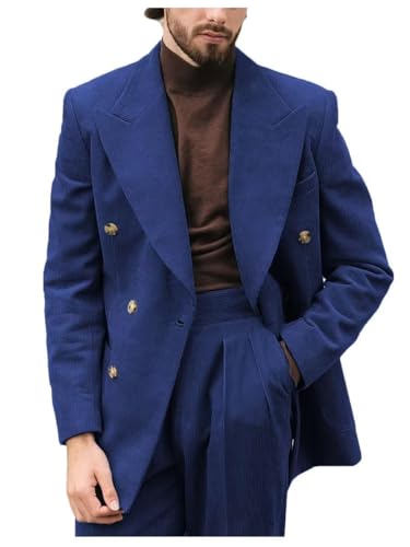 Mens Double Breasted Corduro Suit Slim Fit 2 Piece Peak Lapel Wedding Groomsmen Tuxedos Corduroy Blazer Pants Sets
