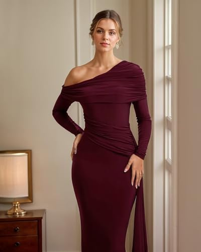 Jamille Women's One Shoulder Formal Dress Satin Mermaid Prom Dresses Long Sleeve Ruched Evening Gown with Cape JA02242