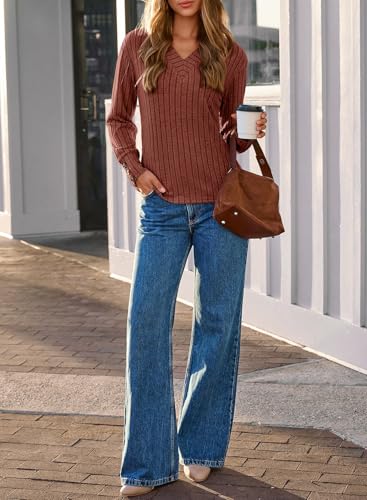 Image of Dokotoo Womens Tops V Neck Lightweight Sweater Fall Long Sleeve Top 2026 | Decorative Buttons, Soft Breathable Knit Material, Pullover Tunic Tops, Business Casual, Fall Outfits, Winter Clothing 2026