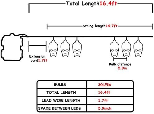 ILLUMINEW 30 LED Halloween Decoration Skull String Lights, Battery Operated 8 Modes Fairy Lights with Remote, 16.4ft Waterproof Halloween Lights Decor for Outdoor Indoor Party (Red)