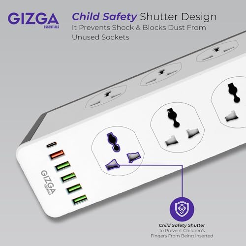 Image of Gizga Essentials Power Extension Board with 10 Universal Sockets, 5 USB & 1 Type C Port| Socket with 2M Cord, Surge Protector, Child Safety, Anti-Flaming Body, 10A Output, 250V Multi Plug Adapter