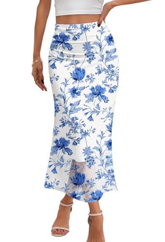 MEROKEETY Women's Summer Floral Mesh Midi Skirt 2025 Casual Trendy High Waist Ruched Boho Skirts