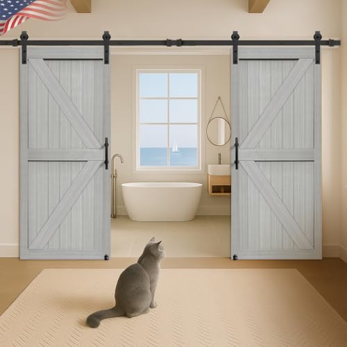 S&Z TOPHAND® 60in x 84in Double Light GraySliding MDF Barn Door with 20FT Sliding Door Hardware Kit, Solid Slab Covered with Water-Proof PVC Surface, Simple DIY Assembly