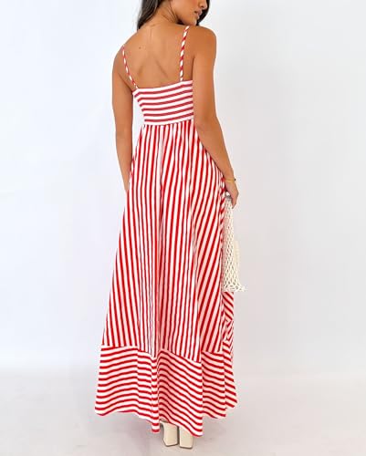 Image of NUFIWI Women Summer Striped Maxi Dress Spaghetti Strap Cutout Ruffle Long Dress Flowy Swing Beach Vocation Dress