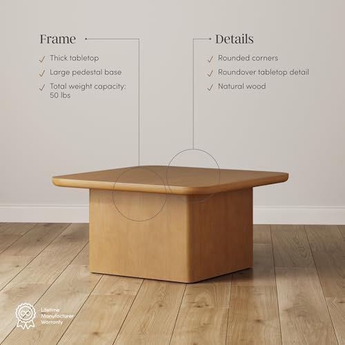 Image of Nathan James Rein Organic Modern Coffee Table, Rustic Wood Square Coffee Table with Rounded Edge, Pedestal Coffee Table for Living Room, Light Brown
