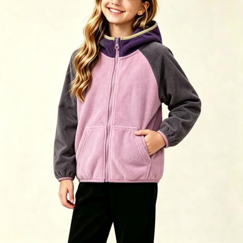 Girls Fleece Hoodie Jacket Full Zip Coat with Pockets Winter Warm Outerwear | Soft color-block fleece jacket with hood, full zip front, roomy pockets for girls, for school, travel, play and everyday wear - image 3