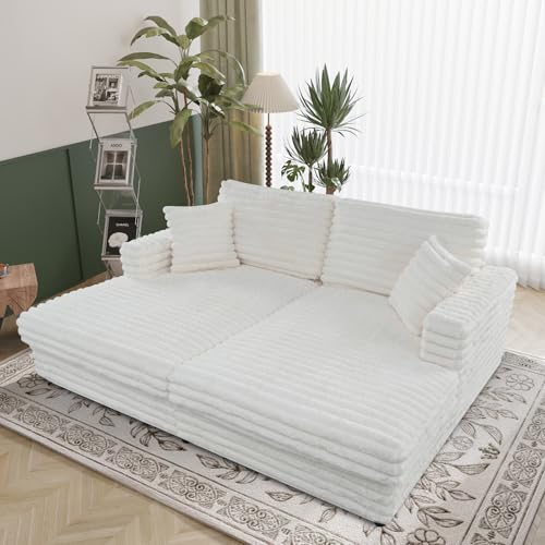 86 INCH Oversized Double Chaise Lounge Loveseat Plush Sleeper Sofabed, Fluffy Corduroy Upholstered Cloud Couch with Wooden Frame and Deep Seat, Sleeper Loveseat Chair