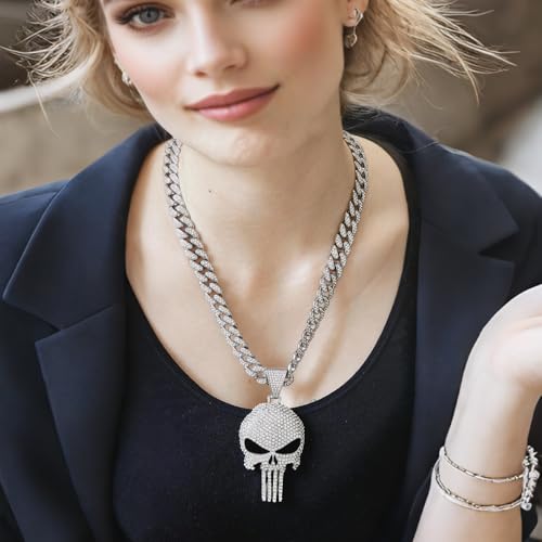 Cool Skull Necklace for Men Women, Halloween Necklace, Iced Out Cuban Chain Diamonds with Bling Skulls Pendant, Chunky Cubic Link Chains Necklaces, Unique Large Hip Hop Rhinestone Gifts, Mens Big Gold Plated Cosplay Costume Punk Gothic Goth Jewelry3