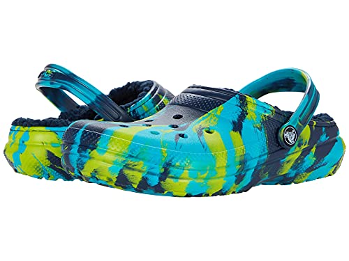 Image of Crocs Unisex-Child Kids' Classic Marbled Tie Dye Lined Clogs, Fuzzy Slippers, Navy /Multi, 8 Toddler