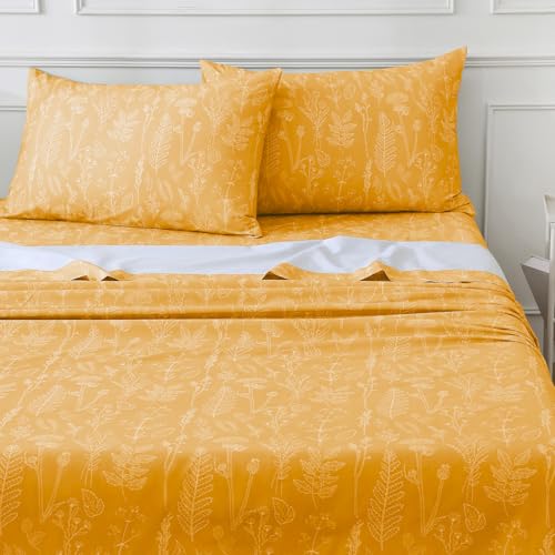 Image of 100% Natural Cotton Percale Sheets Set,Queen Size 4 PC, Breathable&Durable Hotel Quality Bedding, 16 inch Deep Pocket Botanical Floral Bedsheets,Yellow