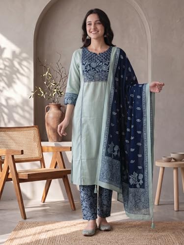 Image of INDO ERA Women's Straight Pure Cotton Floral Self Design Kurta & Pant With Dupatta Set | Kurta Sets For Woman