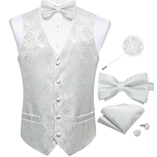 Image of DiBanGu Mens Paisley Suit Waistcoat,Silk Dress Vest and Bowtie Pocket Square Cufflinks with Lapel Pin Set for Wedding Tuxedo