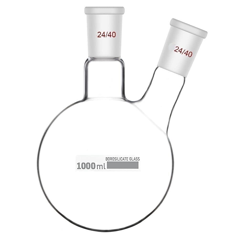 FZN 2 Neck Round 1000 ML Bottom Boiling Flask with 24/40 Center & Side Joints Angled Receiving Reflux Flask Multi Neck Apparatus Organic Chemistry Lab Glassware