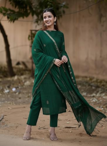 Image of GoSriKi Viscose Printed Straight Kurta with Pant and Dupatta for Women | Viscose Cream | 3 /4 Sleeve | High Neck | Ethnic Wear Casual Wear