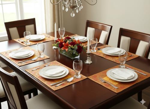 Image of Brocade Silk Placemats for Dinning Table 12 x 18 Inches Hand Embroidered, Set of 6 Decorative Placemats for Home (Yellow Gold)